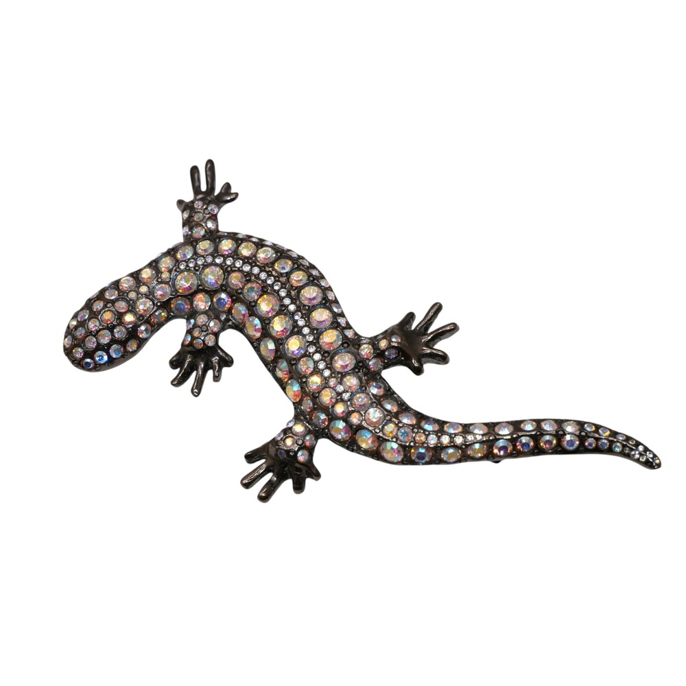 Kirks Folly Rhinestone Lizard Gecko Brooch Pin AB Crystal Gunmetal 4.25"